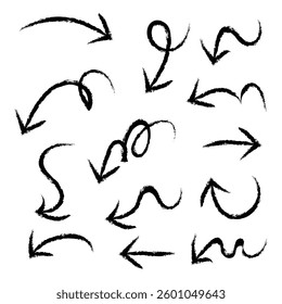 Set of black hand drawn arrow element vector. Collection of doodle arrows, lines, symbol, pointing mark, shapes on white background. Simple icon illustration for education, decoration, map in eps 10.