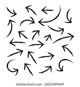 Set of black hand drawn arrow element vector. Collection of doodle arrows, lines, symbol, pointing mark, shapes on white background. Simple icon illustration for education, decoration, map in eps 10.