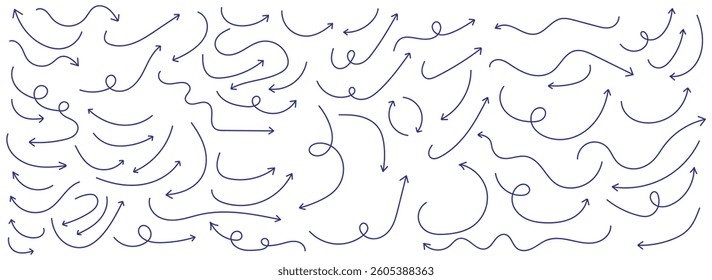 Set of black hand drawn arrow element vector. Collection of doodle arrows, lines, symbol, pointing mark. Hand drawn vector arrows doodle set. Hand drawn arrow collection.  sketch arrow design.