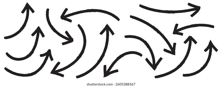 Set of black hand drawn arrow element vector. Collection of doodle arrows, lines, symbol, pointing mark. Hand drawn vector arrows doodle set. Hand drawn arrow collection.  sketch arrow design.