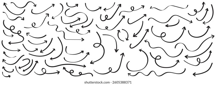Set of black hand drawn arrow element vector. Collection of doodle arrows, lines, symbol, pointing mark. Hand drawn vector arrows doodle set. Hand drawn arrow collection.  sketch arrow design.