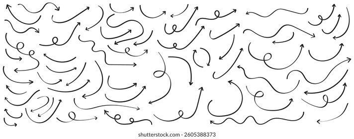 Set of black hand drawn arrow element vector. Collection of doodle arrows, lines, symbol, pointing mark. Hand drawn vector arrows doodle set. Hand drawn arrow collection.  sketch arrow design.