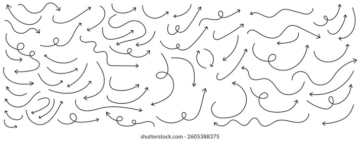 Set of black hand drawn arrow element vector. Collection of doodle arrows, lines, symbol, pointing mark. Hand drawn vector arrows doodle set. Hand drawn arrow collection.  sketch arrow design.