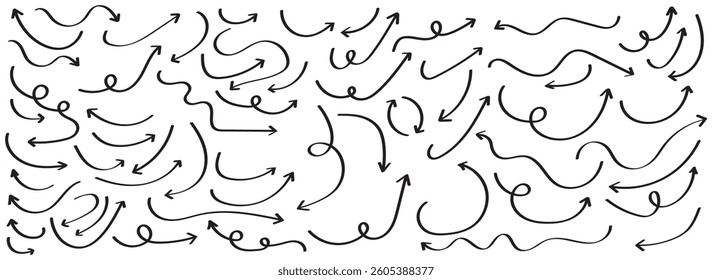 Set of black hand drawn arrow element vector. Collection of doodle arrows, lines, symbol, pointing mark. Hand drawn vector arrows doodle set. Hand drawn arrow collection.  sketch arrow design.