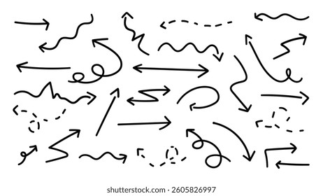Set of black hand drawn arrow element vector. Collection of doodle arrows, lines, symbol, shapes on white background. Simple icon illustration for education, decoration, map.