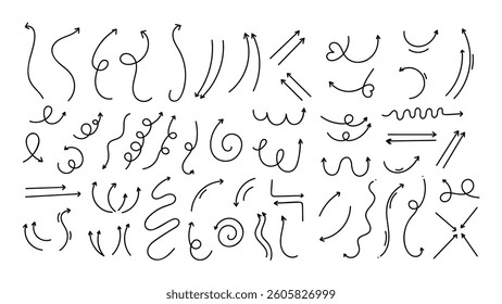 Set of black hand drawn arrow element vector. Collection of doodle arrows, lines, symbol, shapes on white background. Simple icon illustration for education, decoration, map.
