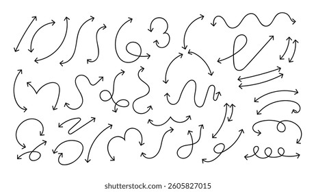 Set of black hand drawn arrow element vector. Collection of doodle arrows, lines, symbol, shapes on white background. Simple icon illustration for education, decoration, map.
