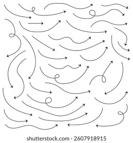 Set of black hand drawn arrow element vector. Collection of doodle arrows, lines, symbol, pointing mark, shapes on white background. Hand drawn arrows set. Marker drawn arrows. Arrow icon. 