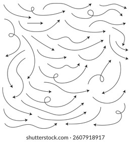 Set of black hand drawn arrow element vector. Collection of doodle arrows, lines, symbol, pointing mark, shapes on white background. Hand drawn arrows set. Marker drawn arrows. Arrow icon. 