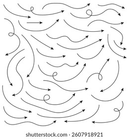 Set of black hand drawn arrow element vector. Collection of doodle arrows, lines, symbol, pointing mark, shapes on white background. Hand drawn arrows set. Marker drawn arrows. Arrow icon. 