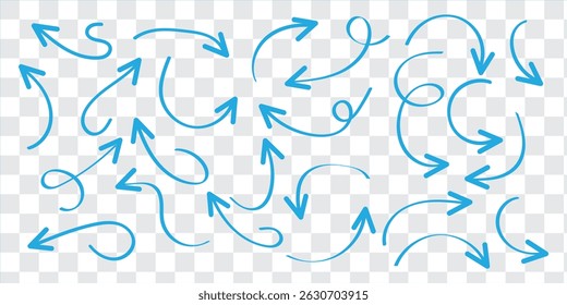 Set of black hand drawn arrow element vector. Collection of doodle arrows, lines, symbol, pointing mark, shapes on white background. Simple icon illustration for education, decoration, map.