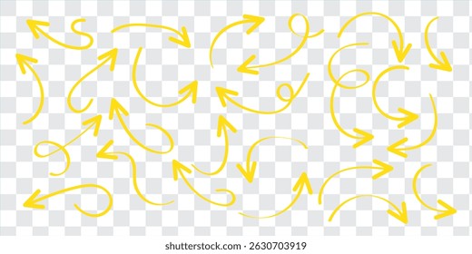Conjunto de vetor de elemento de seta desenhada à mão preta. Coleção de setas de doodle, linhas, símbolo, marca apontando, formas no fundo branco. Ilustração de ícone simples para educação, decoração, mapa.
