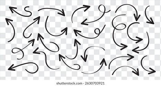 Set of black hand drawn arrow element vector. Collection of doodle arrows, lines, symbol, pointing mark, shapes on white background. Simple icon illustration for education, decoration, map.