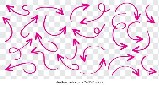 Set of black hand drawn arrow element vector. Collection of doodle arrows, lines, symbol, pointing mark, shapes on white background. Simple icon illustration for education, decoration, map.
