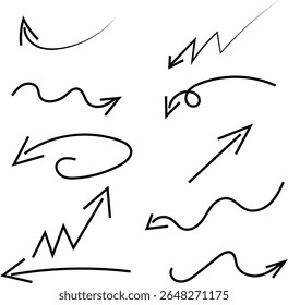 Set of black hand drawn arrow element vector. Collection of doodle arrows, lines, symbol, pointing mark, shapes on trans[arent background. Simple icon illustration for education, decoration, map