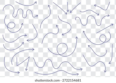 Conjunto de Vector de elemento de flecha dibujado a mano negro. Colección de las flechas del doodle, líneas, símbolo, marca que apunta, Formas en el fondo blanco. Ilustración simple del icono para la educación, decoración, mapa