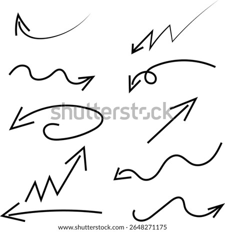 Set of black hand drawn arrow element vector. Collection of doodle arrows, lines, symbol, pointing mark, shapes on trans[arent background. Simple icon illustration for education, decoration, map