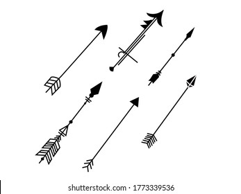 Set of black hand drawn arrows. Hipster ethnic vector elements, feather on pointer and decorative boho bow, ketch isolated symbols set.