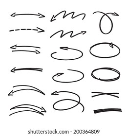 set of black hand drawn arrows signs and highlighting elements