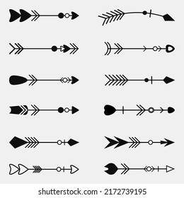 Set of black hand drawn arrows for bow. Hipster ethnic vector elements. arrow cupid with a heart. Illustrations for Web Design
