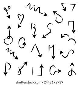 Set of black hand drawn arrows Set of arrows for web pages Vector illustration isolated on white background Flat style