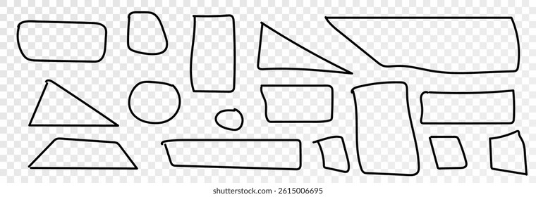 Set of black hand drawn arrows and frames. Collection of various arrow and frame icons signs. Set of modern simple vector arrows on transparent png background.