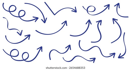 Conjunto de flechas dibujadas a mano negras aisladas en blanco. Ilustración vectorial. Estilo dibujado a mano del boceto del doodle. Decoración para el Diseño web