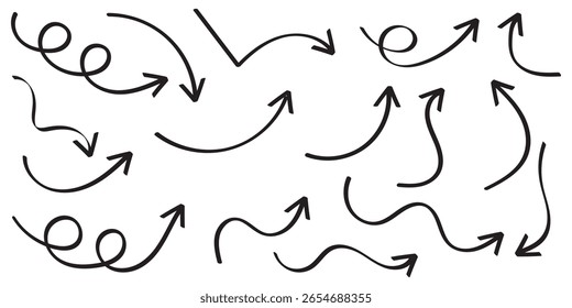 Conjunto de flechas dibujadas a mano negras aisladas en blanco. Ilustración vectorial. Estilo dibujado a mano del boceto del doodle. Decoración para el Diseño web