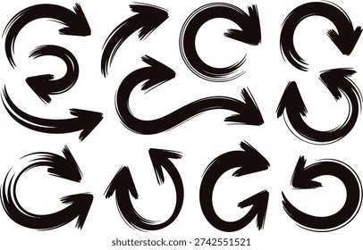 Set of black hand drawn arrows and curved pointers with grunge brush texture for navigation design elements and artistic flow illustrations