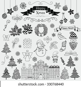 Set of Black Hand Drawn Artistic Christmas Doodle Icons. Xmas Vector Illustration. Sketched Decorative Design Elements, Cartoons. New Year