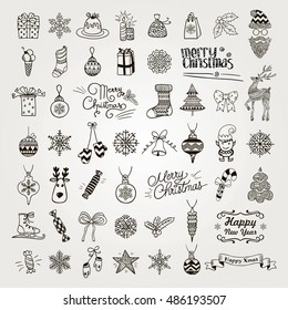 Set of Black Hand Drawn Artistic Christmas Doodle Icons. Xmas Vector Illustration. Outlined Sketched Decorative Design Elements, Cartoons. New Year