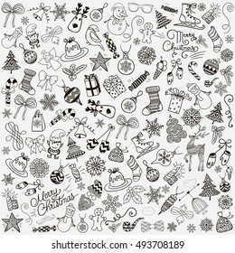 Set of Black Hand Drawn Artistic Christmas Doodles. Xmas Vector Illustration. Outlined Sketched Decorative Rustic Design Elements, Cartoons. New Year