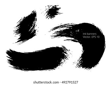 Set of black hand drawn banners, abstract creative textures made with ink. Brush strokes.Vector. EPS 10. Grunge illustrations. Black spots template. Collection freehand shapes.