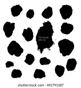 Set of black hand drawn banners, abstract creative textures made with ink. Brush strokes.Vector. EPS 10. Grunge illustrations. Black spots template. Collection freehand shapes.