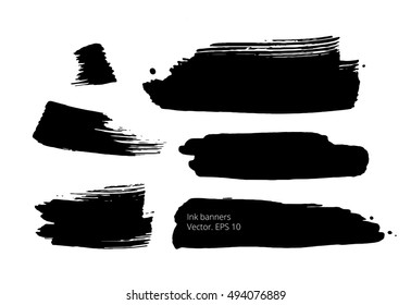 Set of black hand drawn banners, abstract creative textures made with ink. Brush strokes.Vector. EPS 10. Grunge illustrations. Black spots template. Collection freehand shapes.