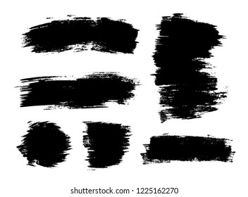 Set of black hand drawn brush strokes, stains for backdrops. Monochrome design elements. One color monochrome artistic hand drawn. Vector illustration. Isolated on white background.