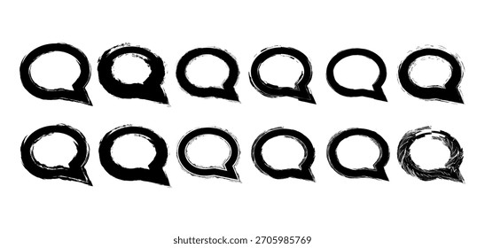 A set of black hand drawn brush stroke speech bubbles with rough textured outlines for creative design use.
