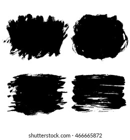 Set of black hand drawn brush strokes, ink stains clip-art, isolated on white backdrop. Vector illustration.