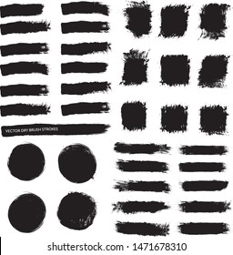 Set of black hand drawn brushes and design elements on white background. Vector brush strokes. Grunge brush stroke. Artistic creative shapes. Vector illustration.