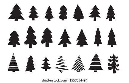 Set of black hand drawn christmas tree icon. Doodle pine and fir. 