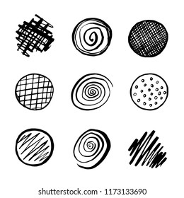 Set of black hand drawn circles, elements for design on white background. Hand-drawn painted elements for t-shirt print, flyer, poster design. Vector illustration.