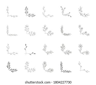 Set of black hand drawn decorative corners with botanical design elements. Floral ornament.