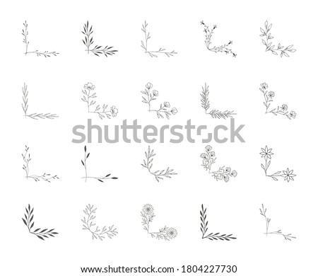 Set of black hand drawn decorative corners with botanical design elements. Floral ornament.