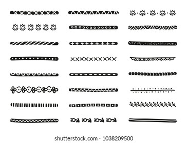 Set of black hand drawn different line borders and dividers in scandinavian style isolated on white background.