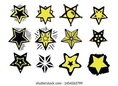 Set of black hand drawn doodle stars. star icon on white background. vector illustration