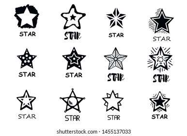 Set of black hand drawn doodle stars. star icon on white background. vector illustration