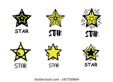 Set of black hand drawn doodle stars. star icon on white background. vector illustration