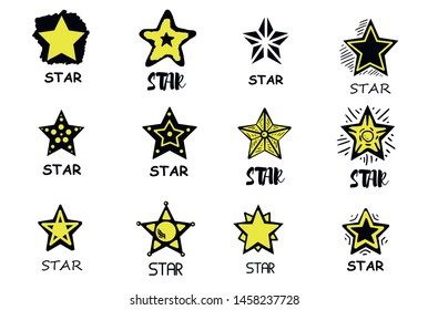 Set of black hand drawn doodle stars. star icon on white background. vector illustration