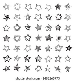 Set of black hand drawn doodle stars isolated on white background.
