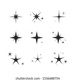 Set of black hand drawn doodle stars. Black sparkles symbols vector. Glowing light effect stars and bursts collection.